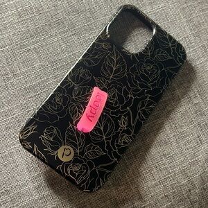 EUC Loopy phone case, black with gold roses & pink loop fits iPhone 13 Max Pro